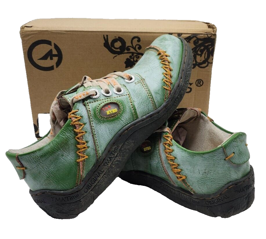 TMA Eyes Women Green Leather Orange Stitching,Moc Toe Lace-Up Shoes w/Box