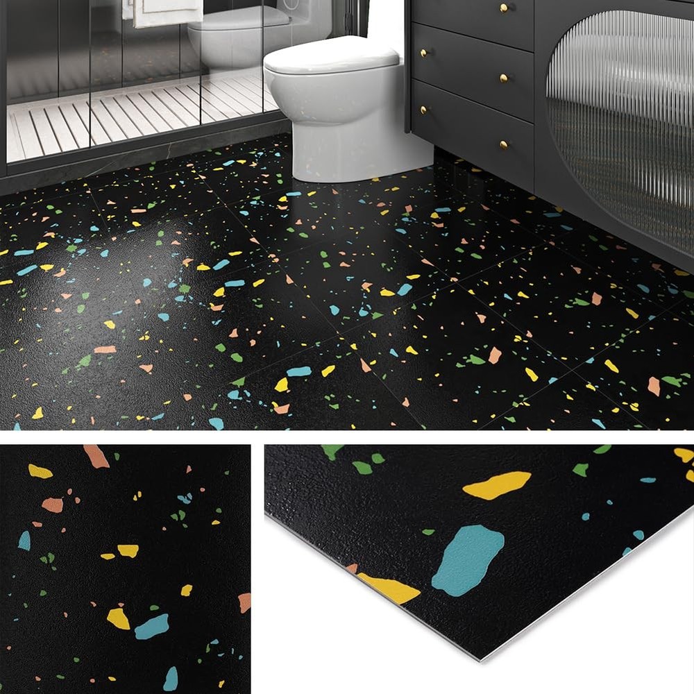 32-Pack Black Peel and Stick Vinyl Floor Tiles for Bathroom Self-Adhesive Waterproof Easy Install