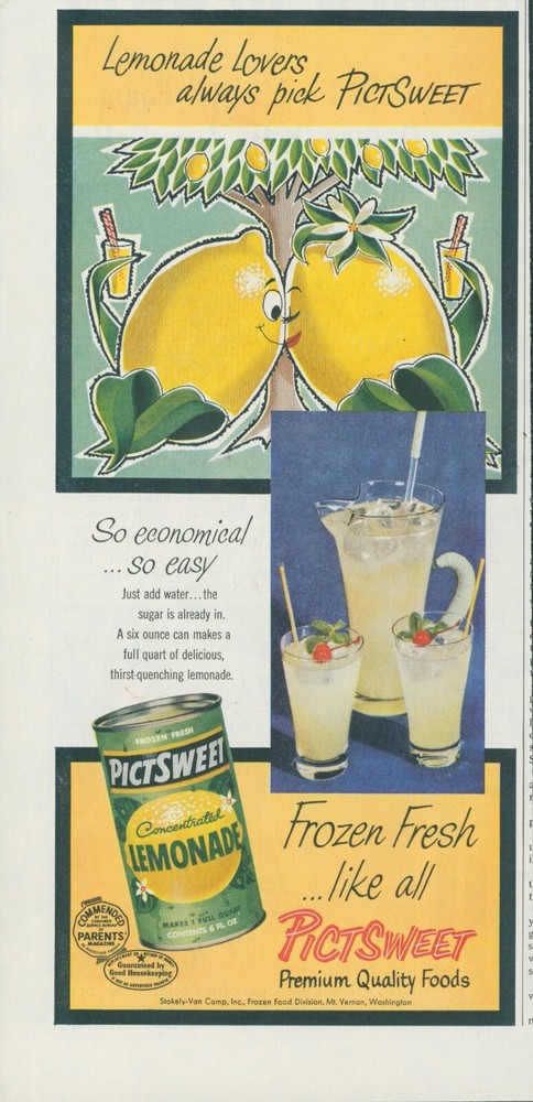 1955 PictSweet Lemonade Ad with Kissing Anthropomorphic Lemons Vintage LHJ4 Print