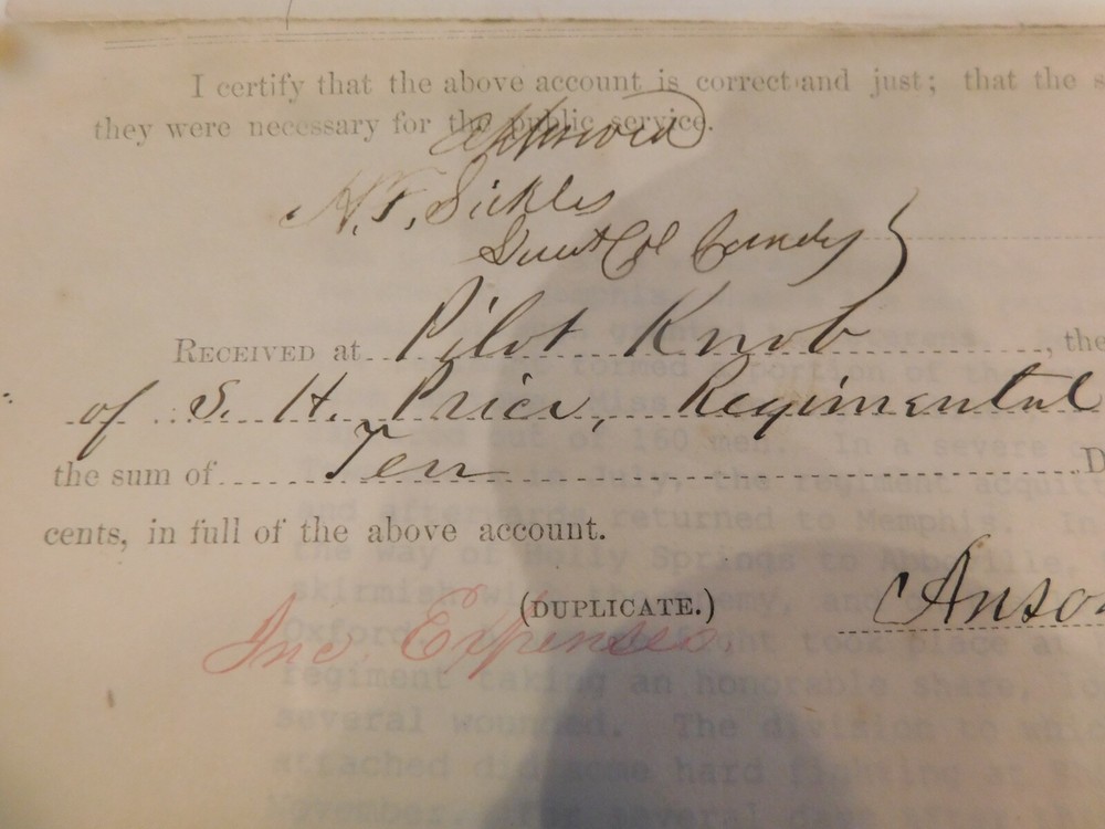 442 Sgn Col Sickles Civil War Illi Cav. Pilot Knob Missouri invoice 1862 General