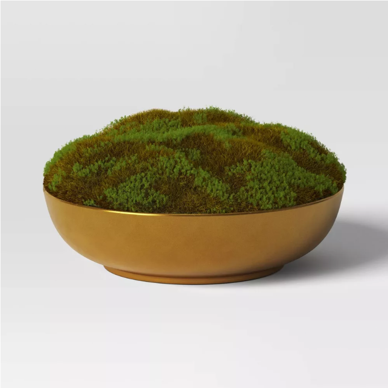 Gold Ceramic Bowl with Realistic Moss Decor for Indoor Tabletop Display  