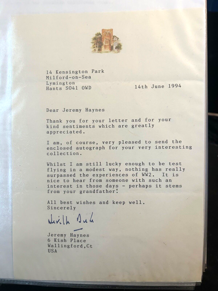 Neville Duke - Authentic Hand Signed Typed Letter - WWII RAF Fighter Ace - COA