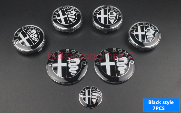 7 Set Alfa Romeo Black Wheel Center Caps Hood Rear Steering Wheel Emblems Badges