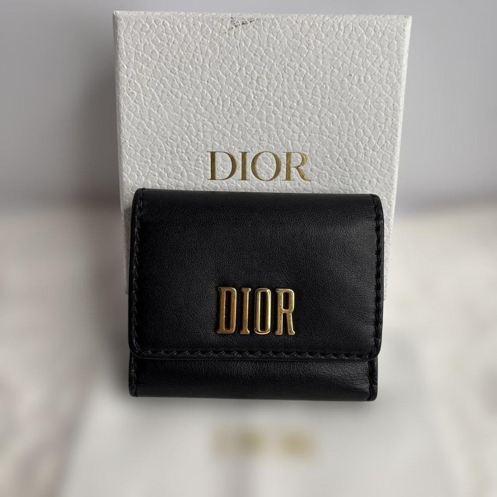 Dior Logo Plate Trifold Wallet Genuine Leather Preowned Luxury