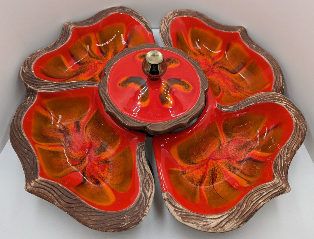 VTG MCM California Pottery Sequoia Ware 4 Pc Chip & Dip Condiment Tray 12