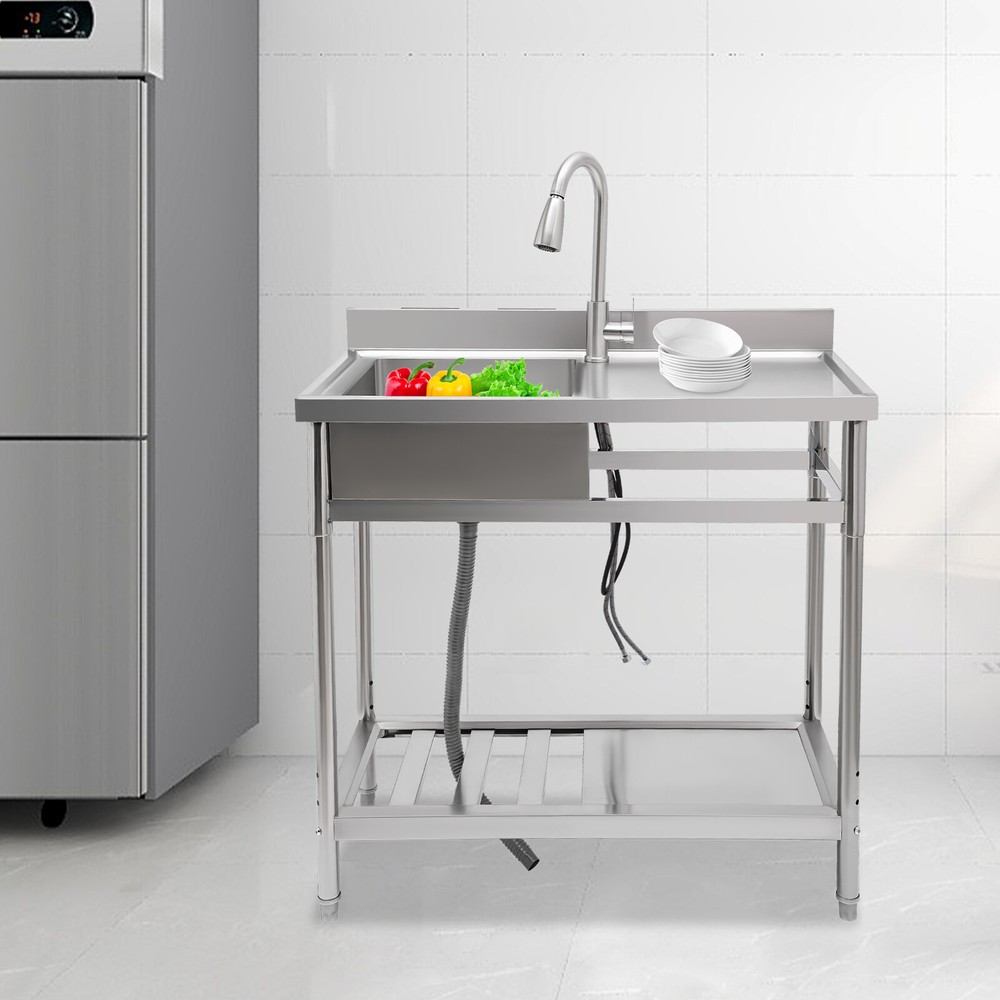 Stainless Steel Commercial Kitchen Sink Set with Left Bowl and Workbench