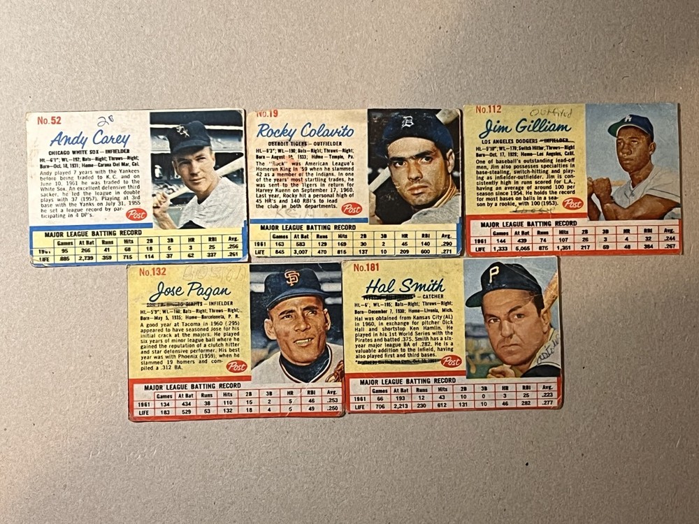 1962 Post Cereal Baseball 5-Card Lot Colavito Gilliam Poor Condition