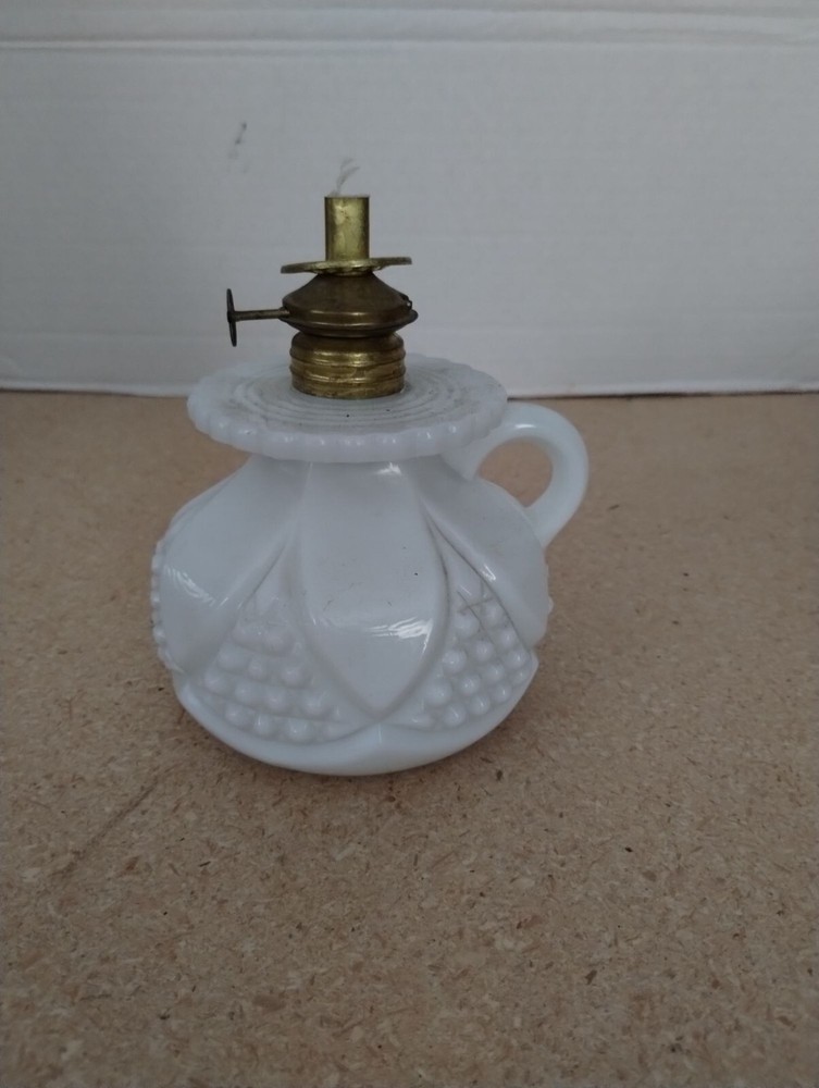Antique White Milk Glass Mini Oil Lamp With Brass Burner
