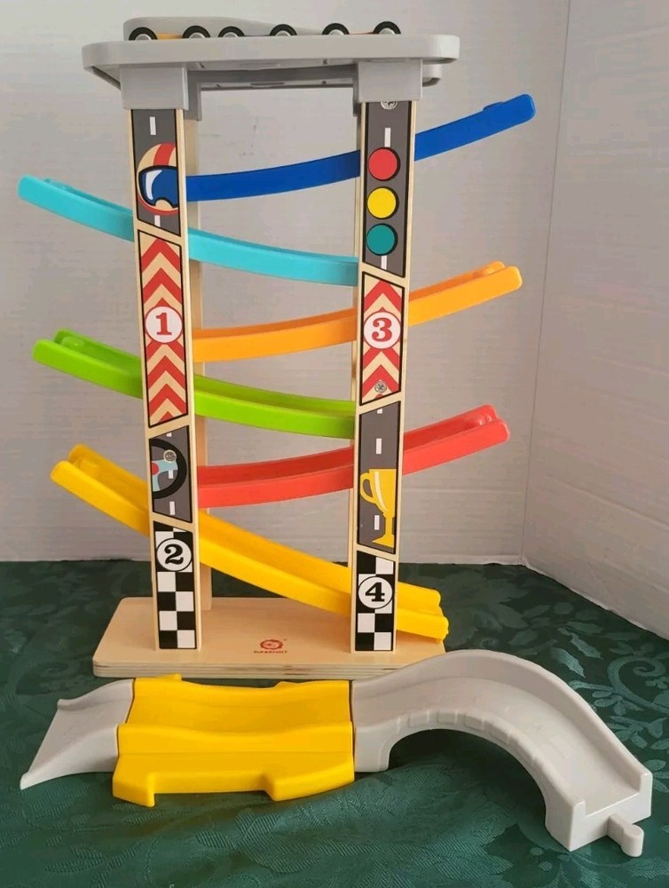 TOP BRIGHT Toddler Car Track with Car Ramps 6 Wood Cars & Extra Track