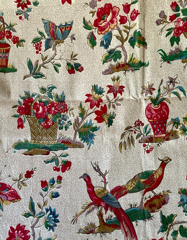 Antique Red Green Floral Pheasant Butterfly Chintz Cotton Fabric