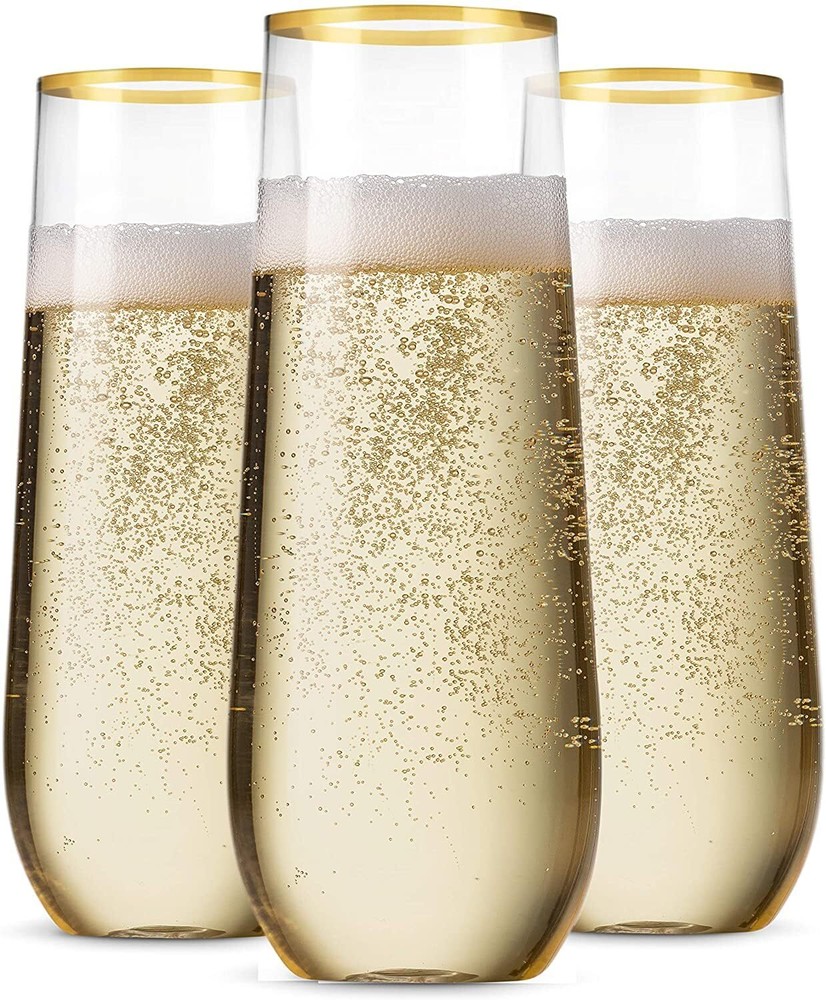 36-Pack Clear Stemless Plastic Champagne Flutes with Gold Rim - 9 oz Disposable Party Cups