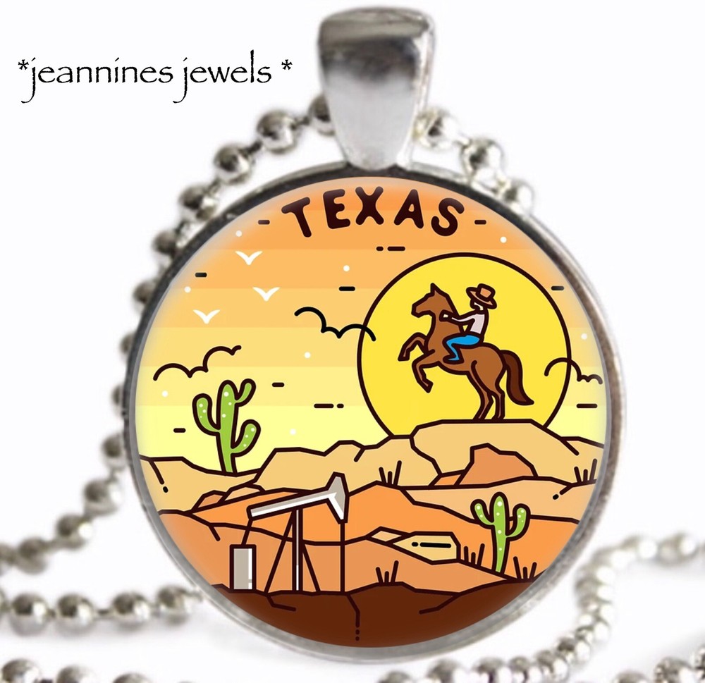 Texas NECKLACE Souvenir Cowboy Travel Art Print Silver Charm Pendant Necklace