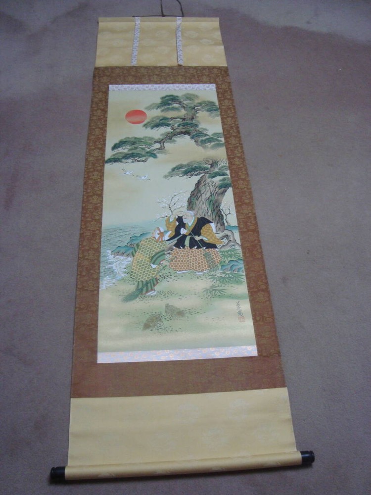 Lucky Charm Silk Hanging Scroll Takasago, Grandpa Takasago Pine, First Sunrise,