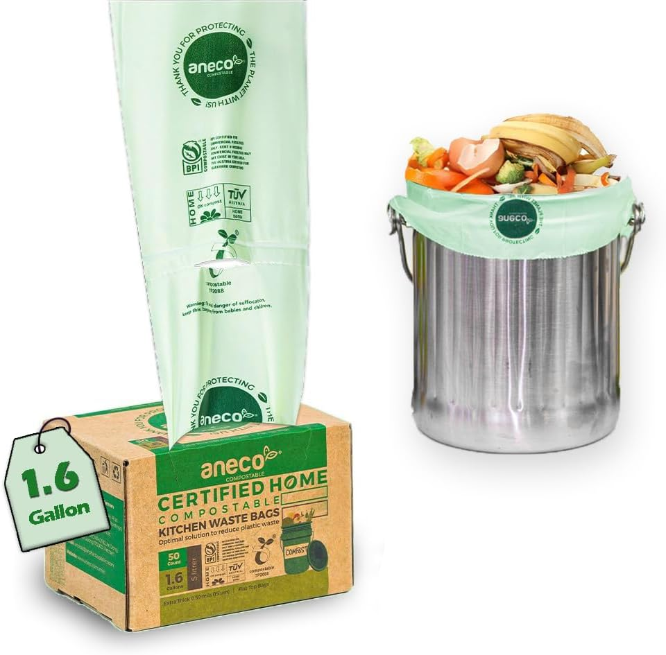 100% Home Compostable Food Waste Bags (1.6 Gallon Trash Bags, 50 Count), Small K