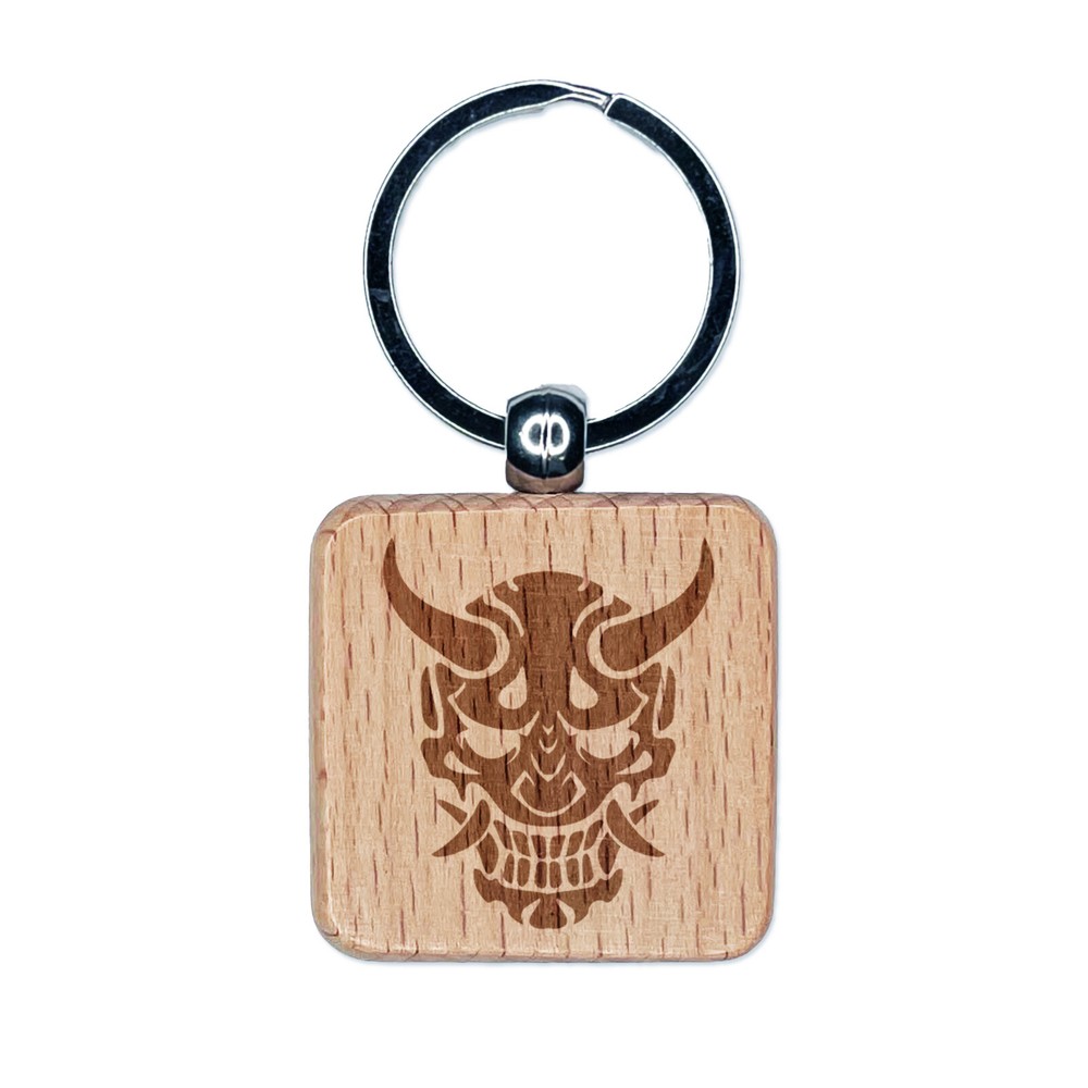 Oni Japanese Ogre Demon Engraved Wood Square Keychain Tag Charm