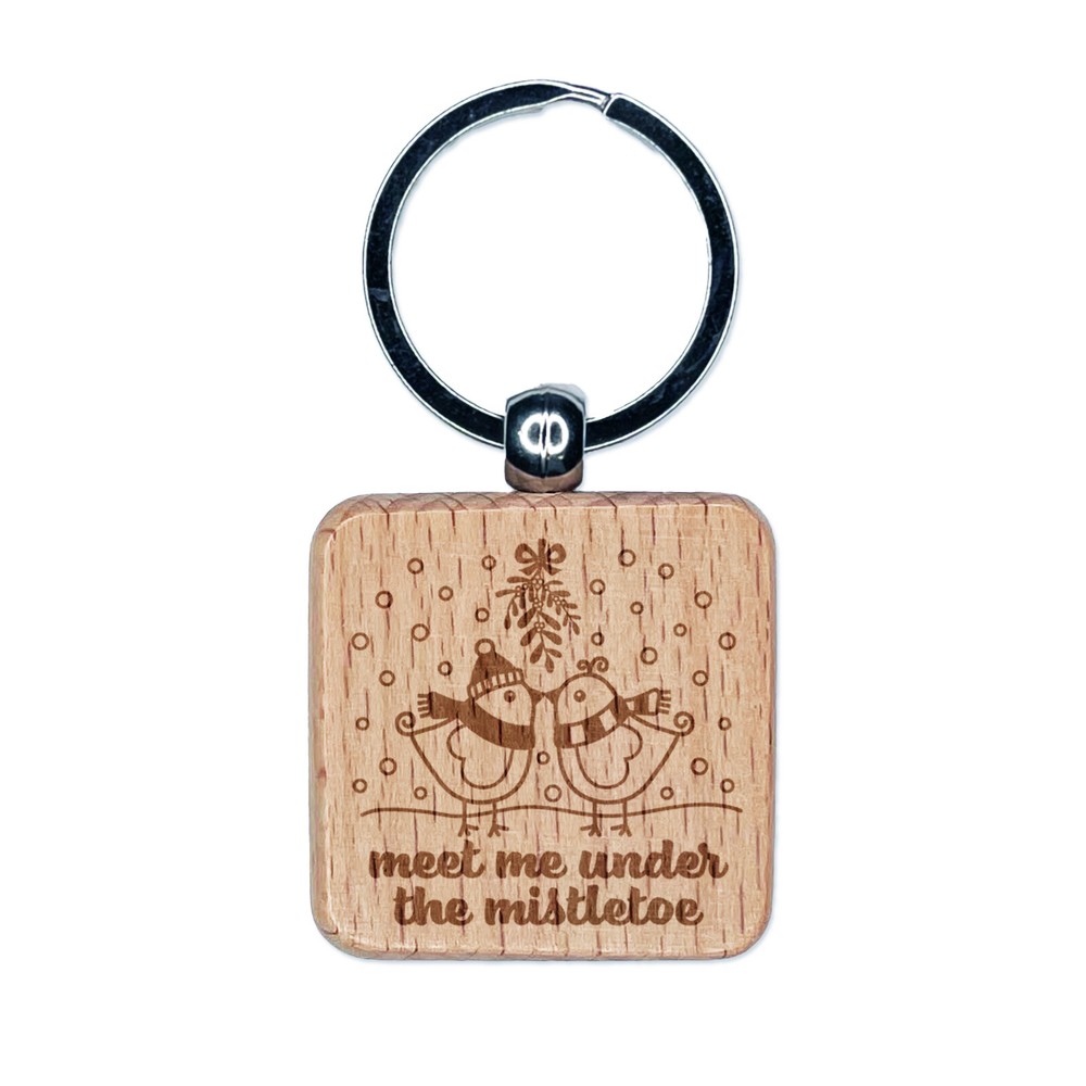 Kissing Birds Meet Me Under Mistletoe Christmas Engraved Wood Square Keychain