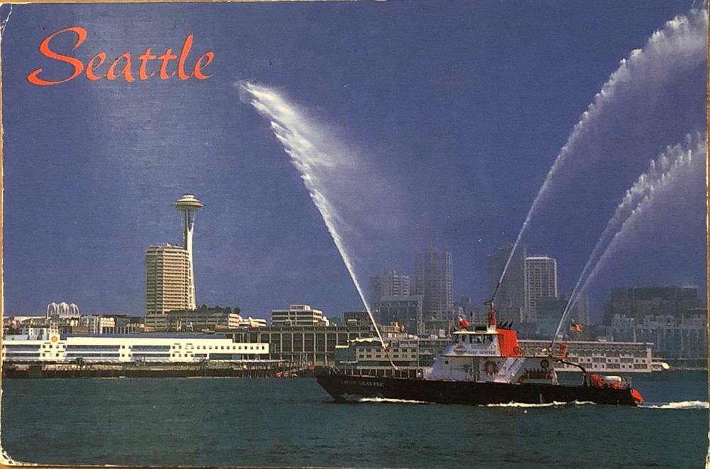 Seattle WA Skyline Postcard with Space Needle and Fireboat Salute on Elliot Bay