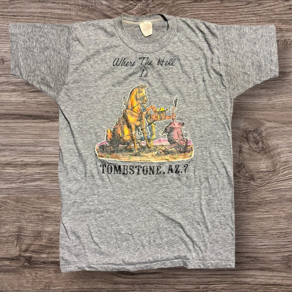 VINTAGE 70s Tombstone ARIZONA SOUVENIR T-SHIRT MEN SZ Large Gray Thin