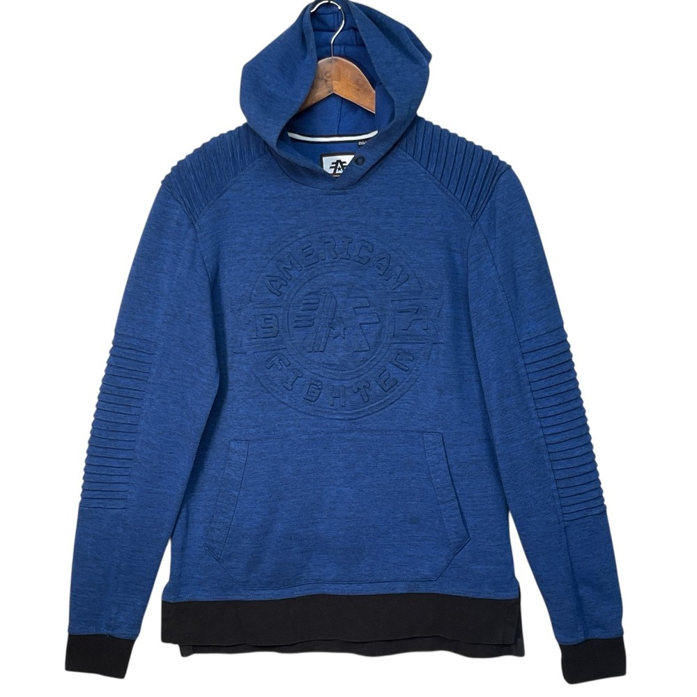 American Fighter Buckle Hoodie Men Size L Blue Embossed Moto Pullover Flawed