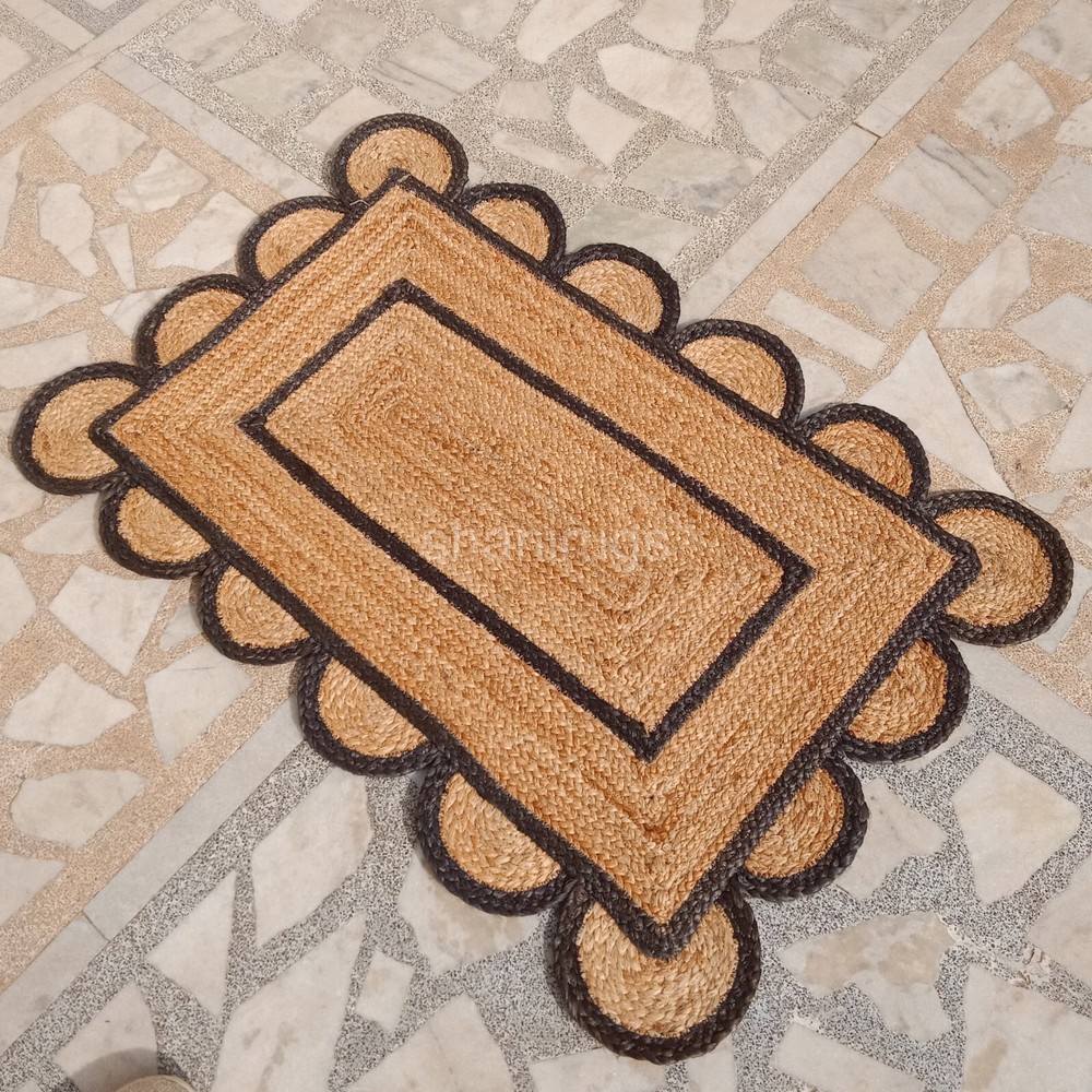 Scalloped Natural Jute Rug Braided Jute mat | Kitchen Rug Bath mat  Scallop Edge