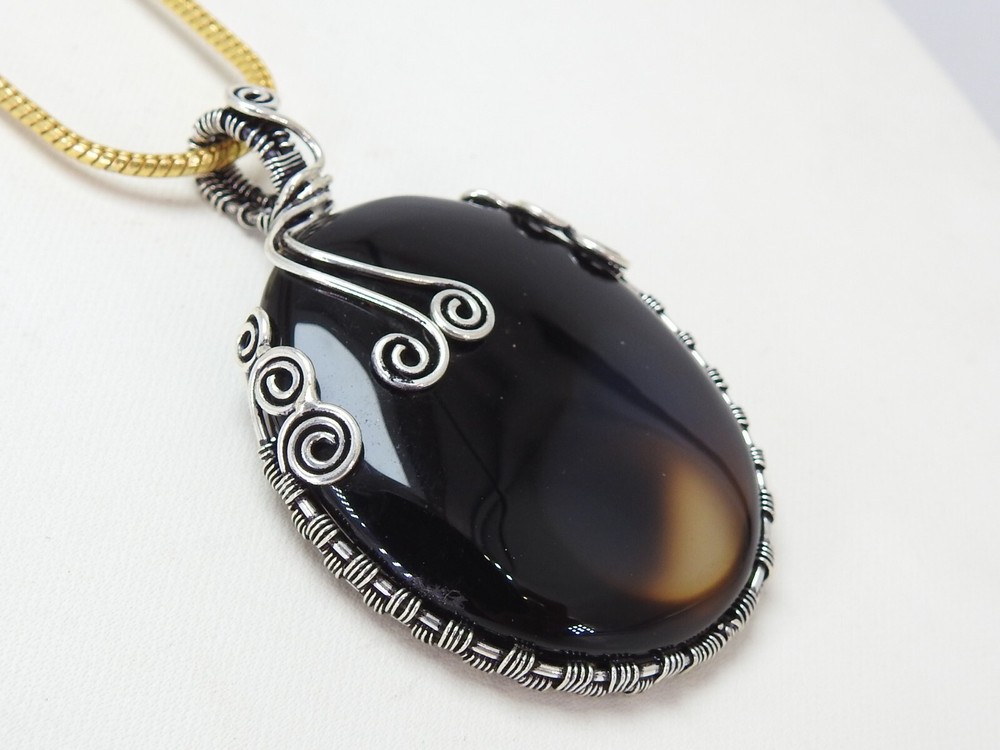 Black Strip Agate Brass Pendant Silver Oxidised Polished Wire Wrapped Jewelry