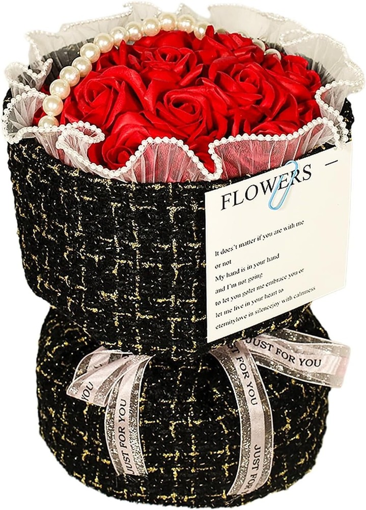 Valentines Day Gift For Her Red Roses Bouquet Artificial Flower,with Pearl+Light-image