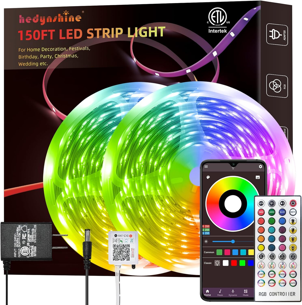 150Ft RGB LED Strip Lights with 40Key Remote and Phone Control for Customizable Lighting