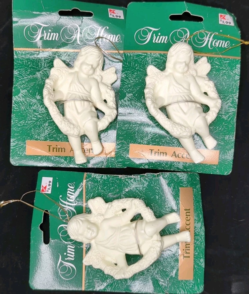 Kmart Trim A Home Cherub And Wreath Lot Of 3 Trim Accent NOS