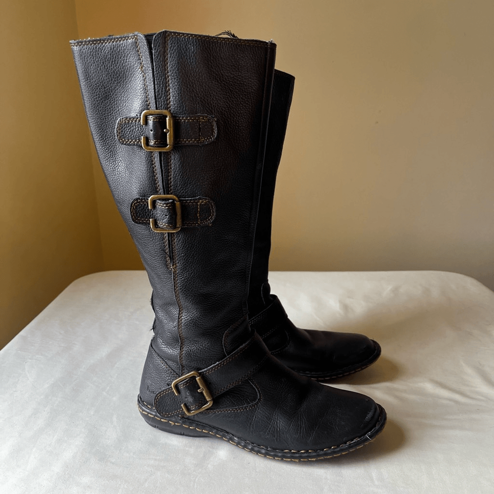 B.o.c. Born Black Leather Boots Knee High Buckle Detail Round Toe Womens  6