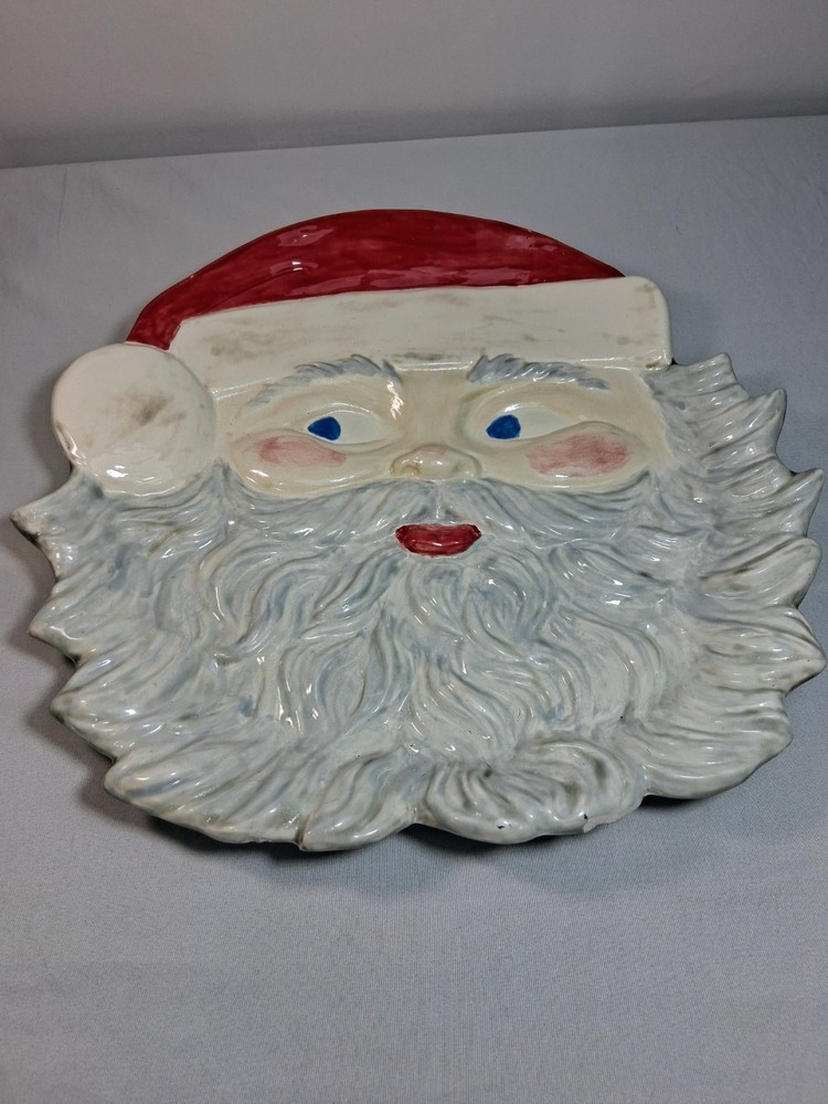Vintage Santa Claus Ceramic Cookie Plate Serving Tray Mold Retro Santa Face