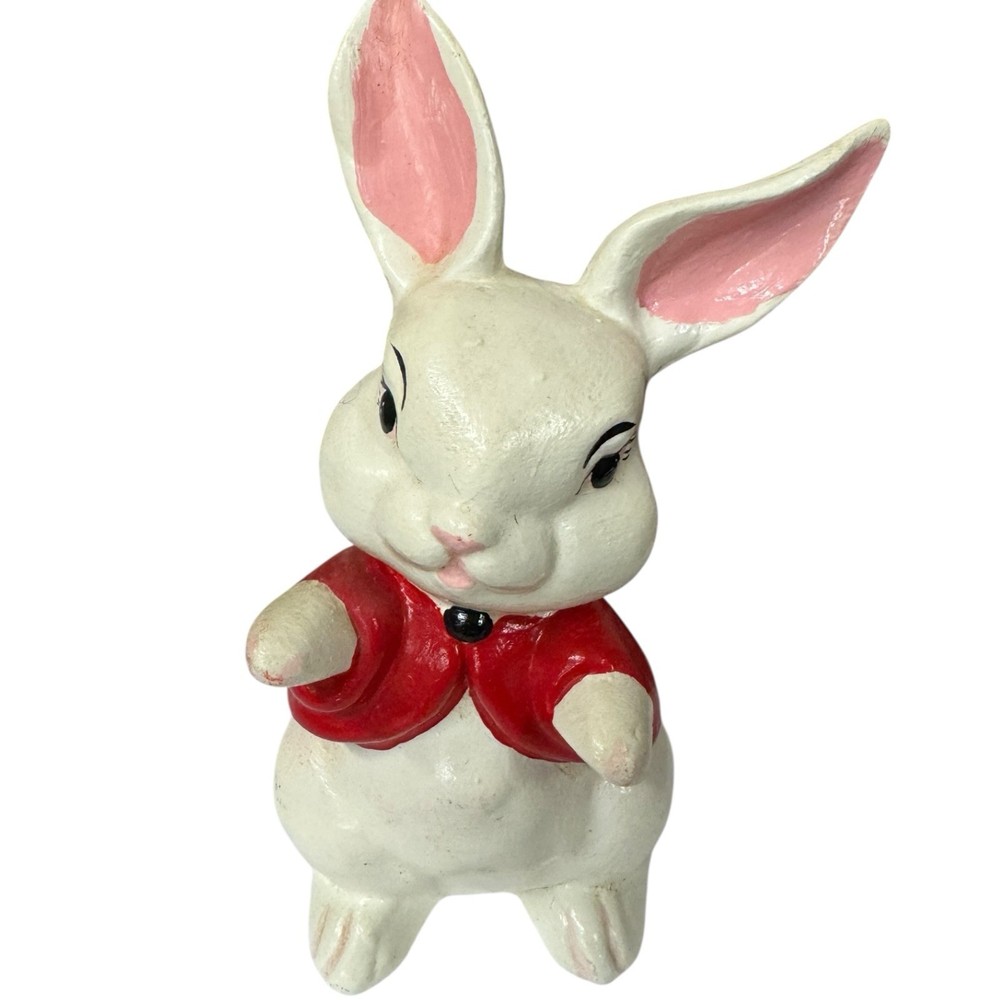 Vintage 1950's Ceramic Rabbit Bunny Figure Easter Decor Red Coat 6