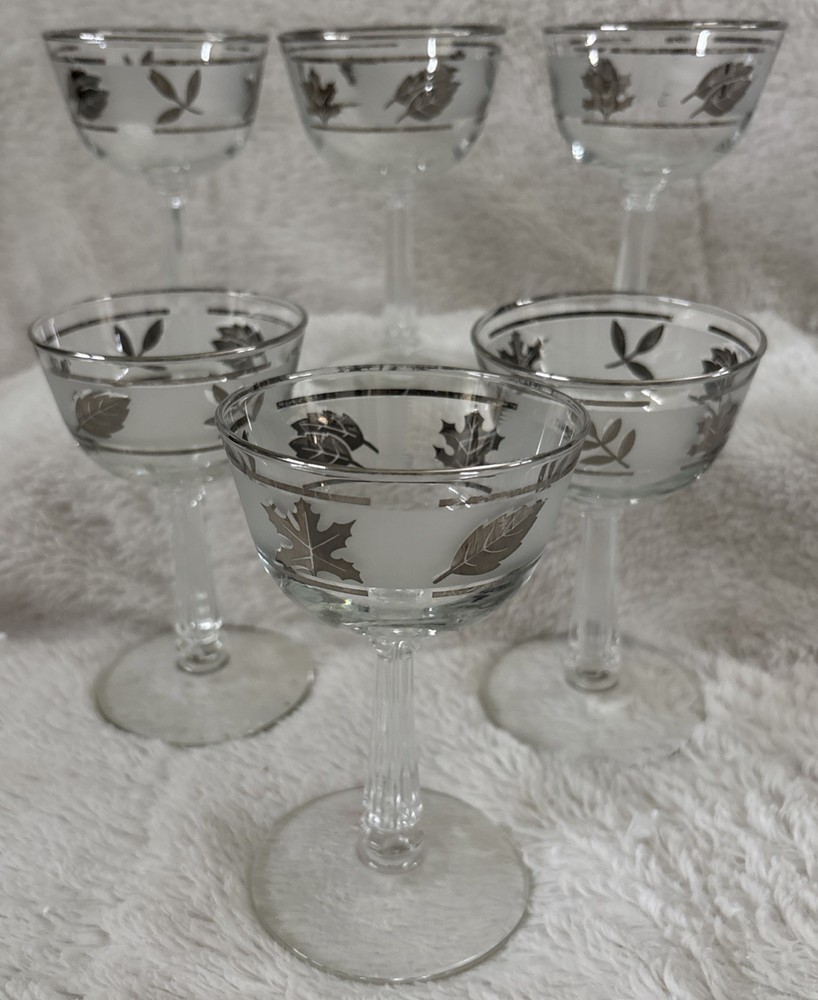 Vintage 1960s Libbey Coupe Silver Leaf Frosted Champagne Cordial Glasses Set of 6