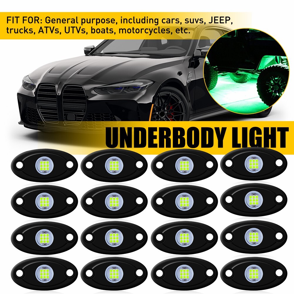 16-Pack Green LED Rock Lights for Trucks Jeeps ATVs UTVs Off-Road Underbody Lighting