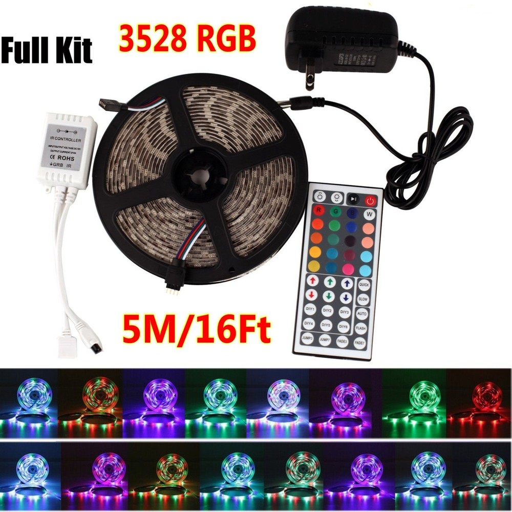 5M/16Ft 3528 RGB SMD 300LEDs Light Strip Full Kits 44Key Remote DC 12V US Power