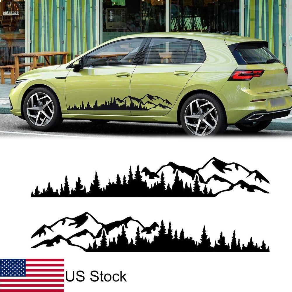 2Pcs 75'' Black Mountain Tree Forest Graphic Stickers Side Body Door Vinyl Decal