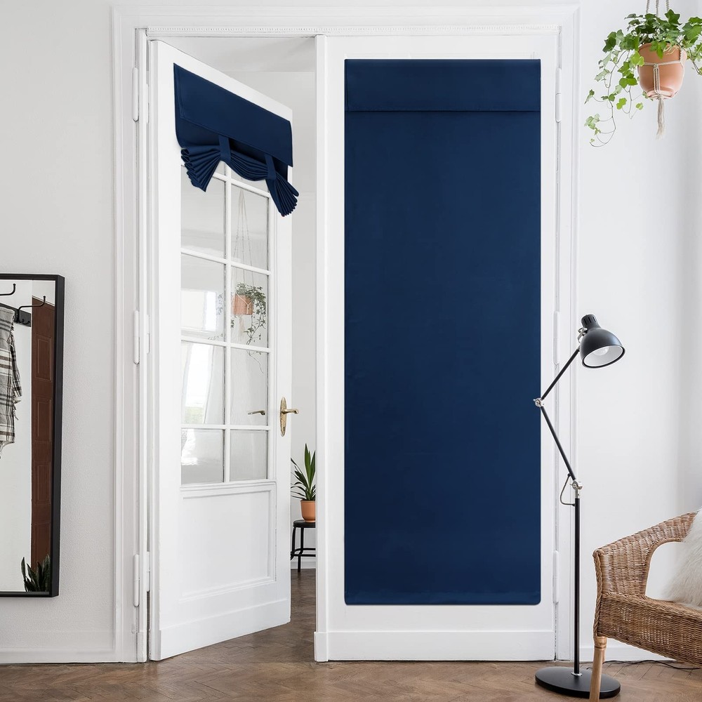 Navy Blue Blackout French Door Curtains 26x80 Inch Privacy Shade