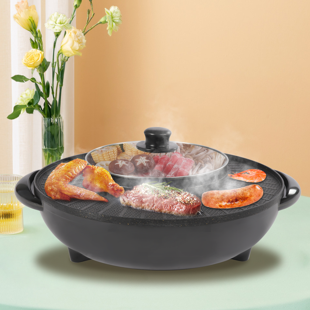 Multifunction Circular Hotpot Grill Combo for Indoor BBQ and Electric Hot Pot in Black  