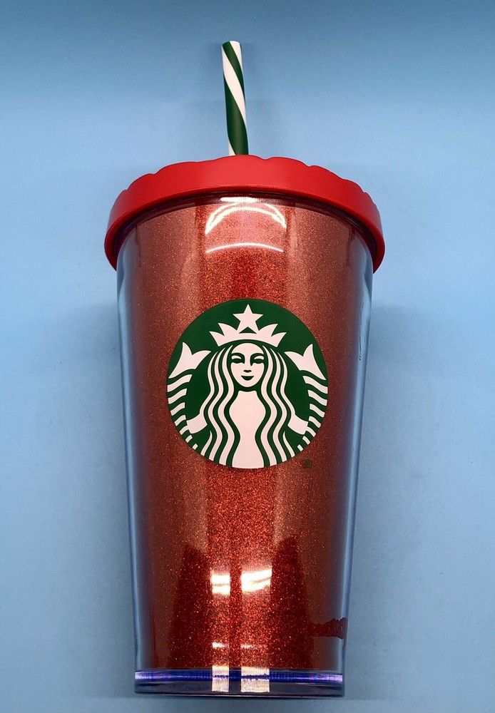 Starbucks 16oz Ruby Red Glitter Holiday Tumbler with Green Straw