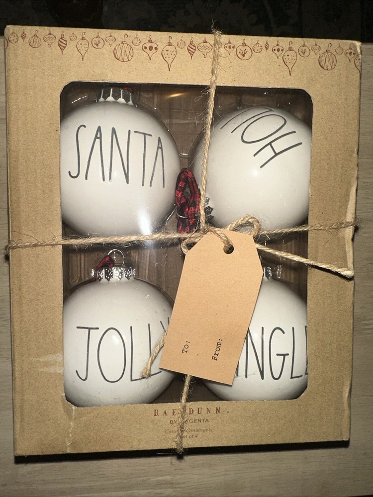 Rae Dunn Christmas Ornaments Set of 4 White Balls Santa Holly Jolly Jingle