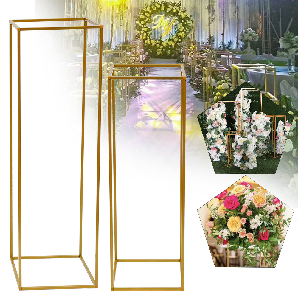2Pcs Gold Flower Rack Metal Geometric Column Stand Wedding Backdrop Decor