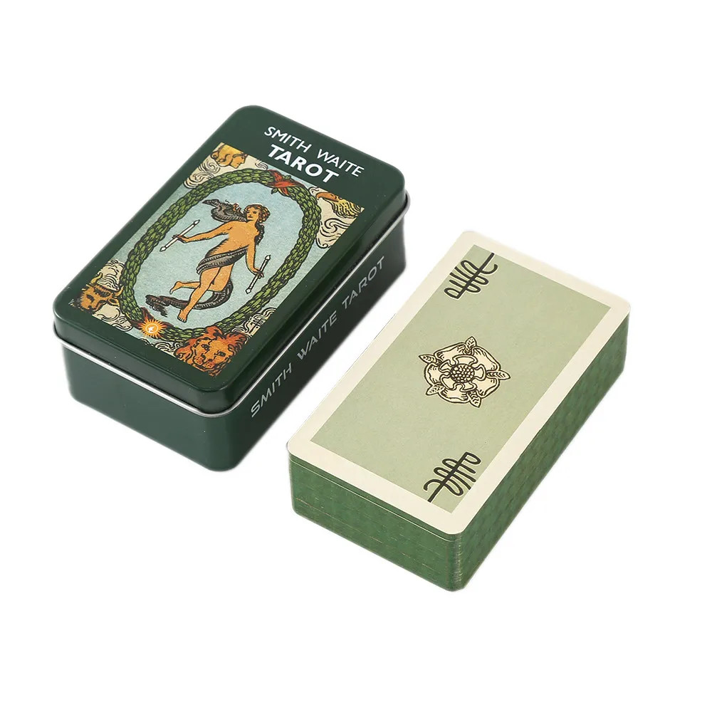 Green Edge Tarot Deck with 78 Cards in Metal Tin Box and Paper Manual for Board Games