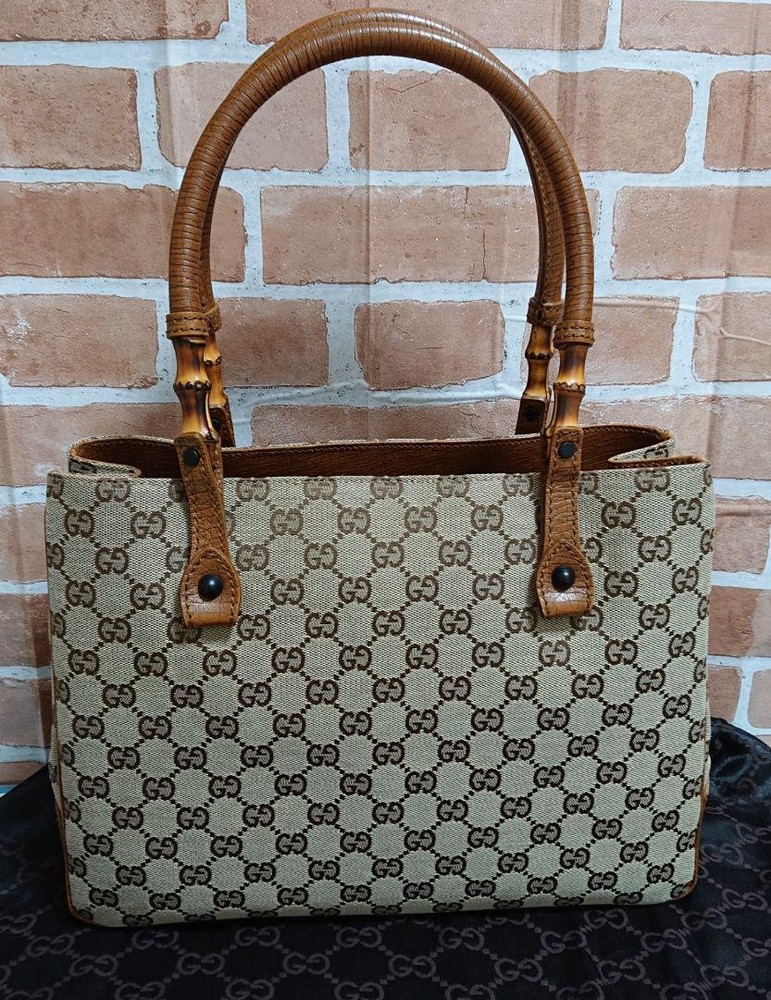 GUCCI GG Canvas Bamboo Tote Bag with Storage Pouch Excellent Pre-Owned Condition
