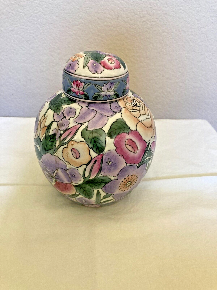 Vintage Chinese Hand Painted Ginger Jar with Primary Color Lavender