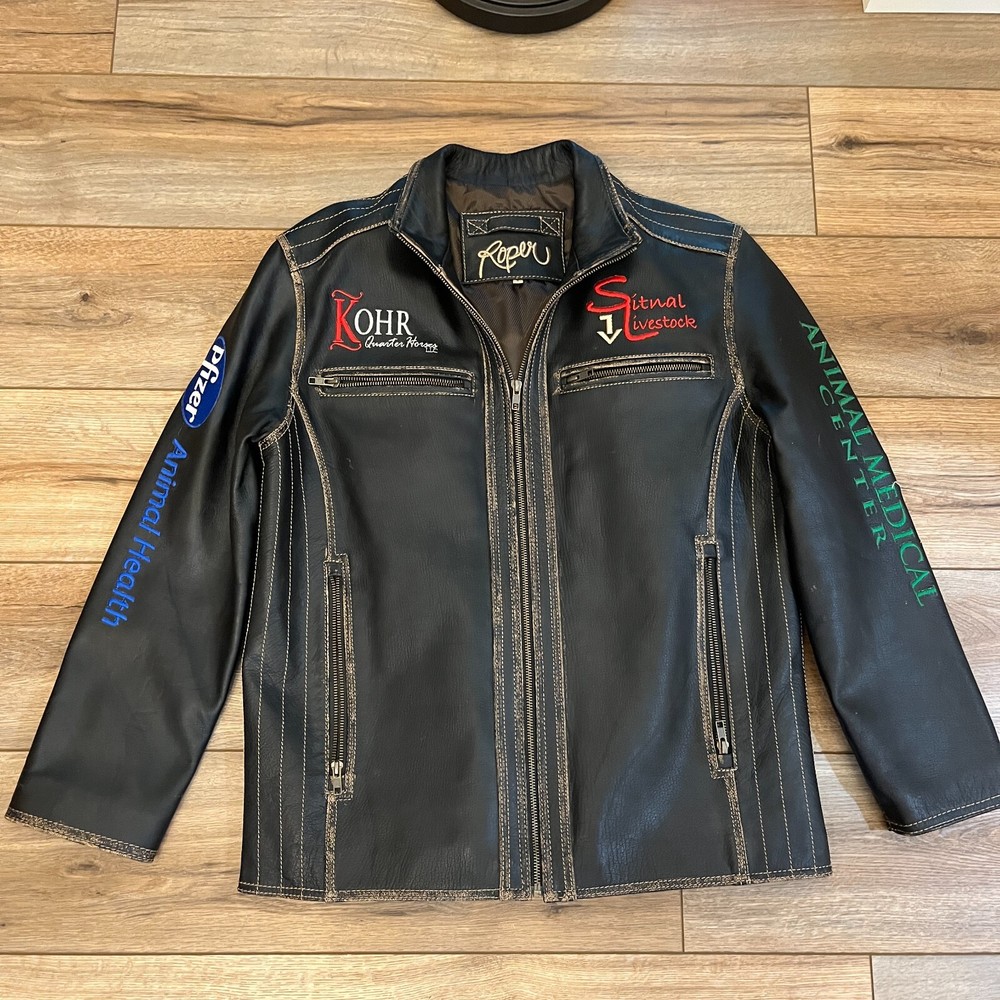 Roper Barrel Futurity Racing Championships Brown Black Zip Up Leather Jacket S
