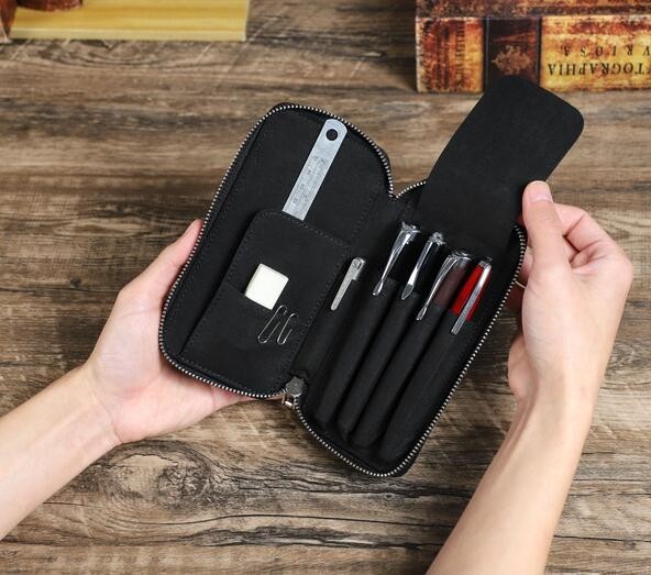 Back To School Handmade 4 Slots Pen Case Stationery Storage Genuine Leather-image