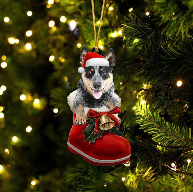Blue Heeler In Santa Boot Christmas Ornament
