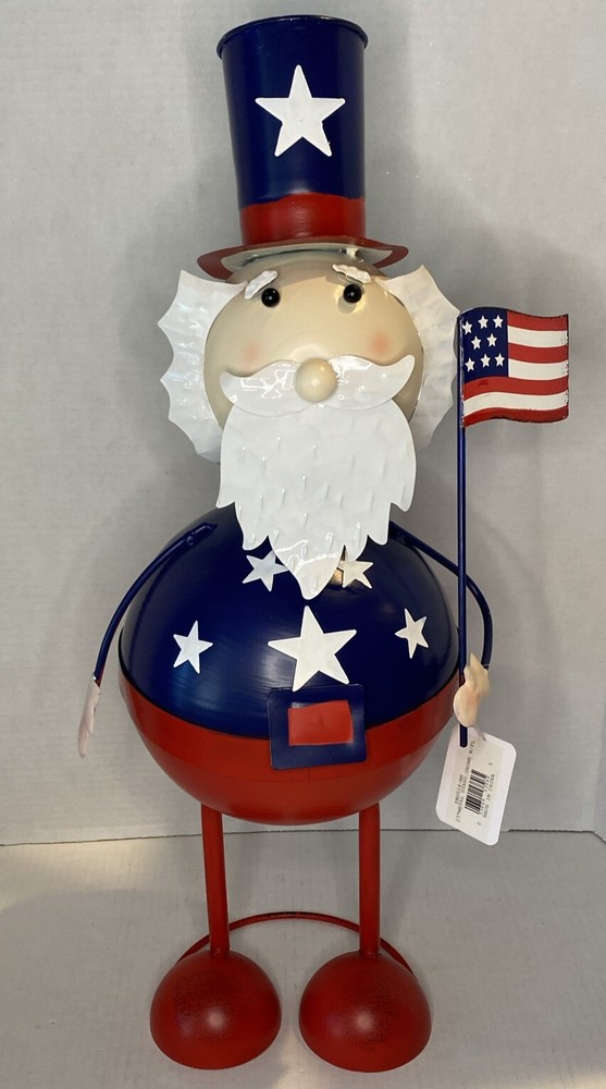 Patriotic Uncle Sam Metal Tabletop Bobble Figure Decor Red White Blue 23” H 9” W