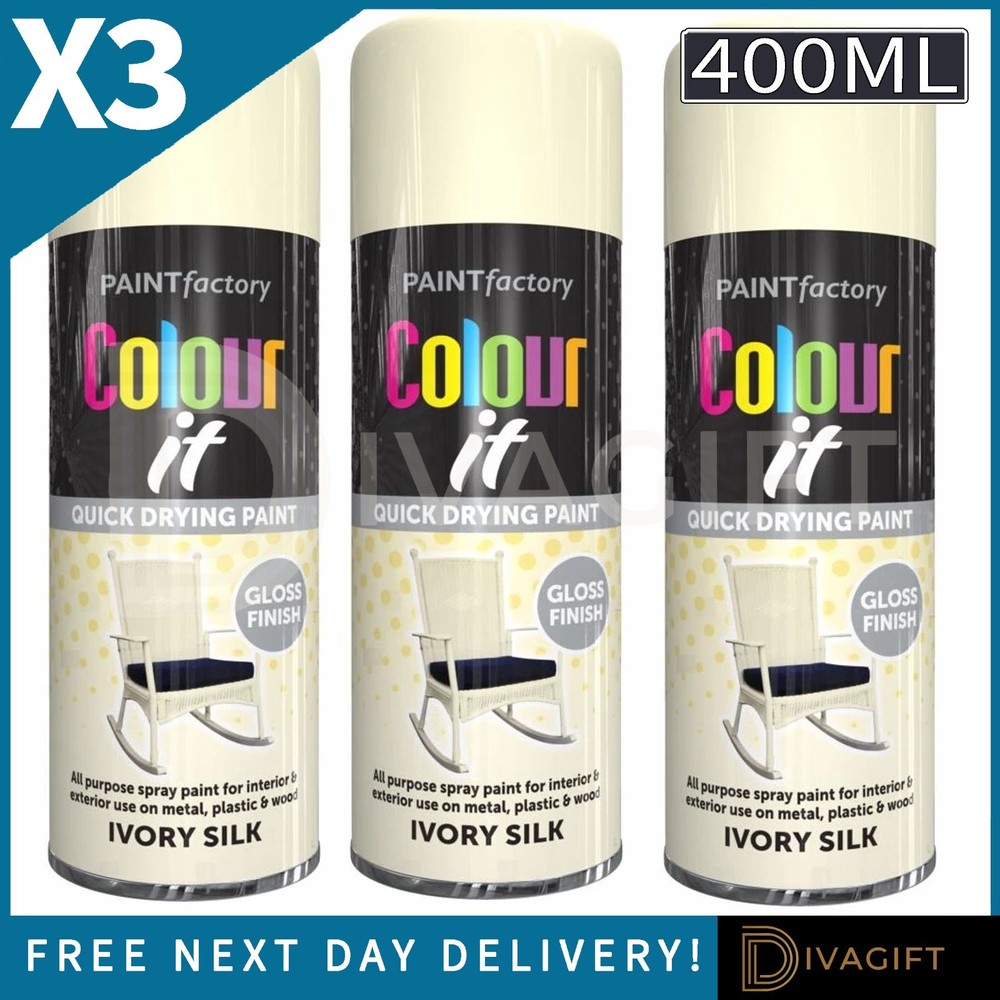 3 x IVORY SILK GLOSS FINISH SPRAY PAINT AEROSOL 400ML FOR METAL PLASTIC WOOD NEW