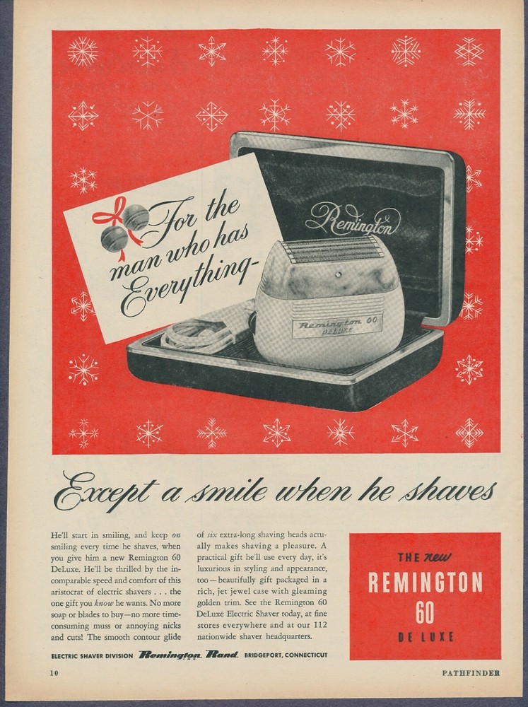 Remington 60 DeLuxe Electric Shaver Razor Vintage Print Ad 1952