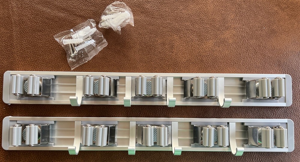 2-Pack Wall-Mounted Rails with 4 Broom Mop Sliders & 4 Hooks Each